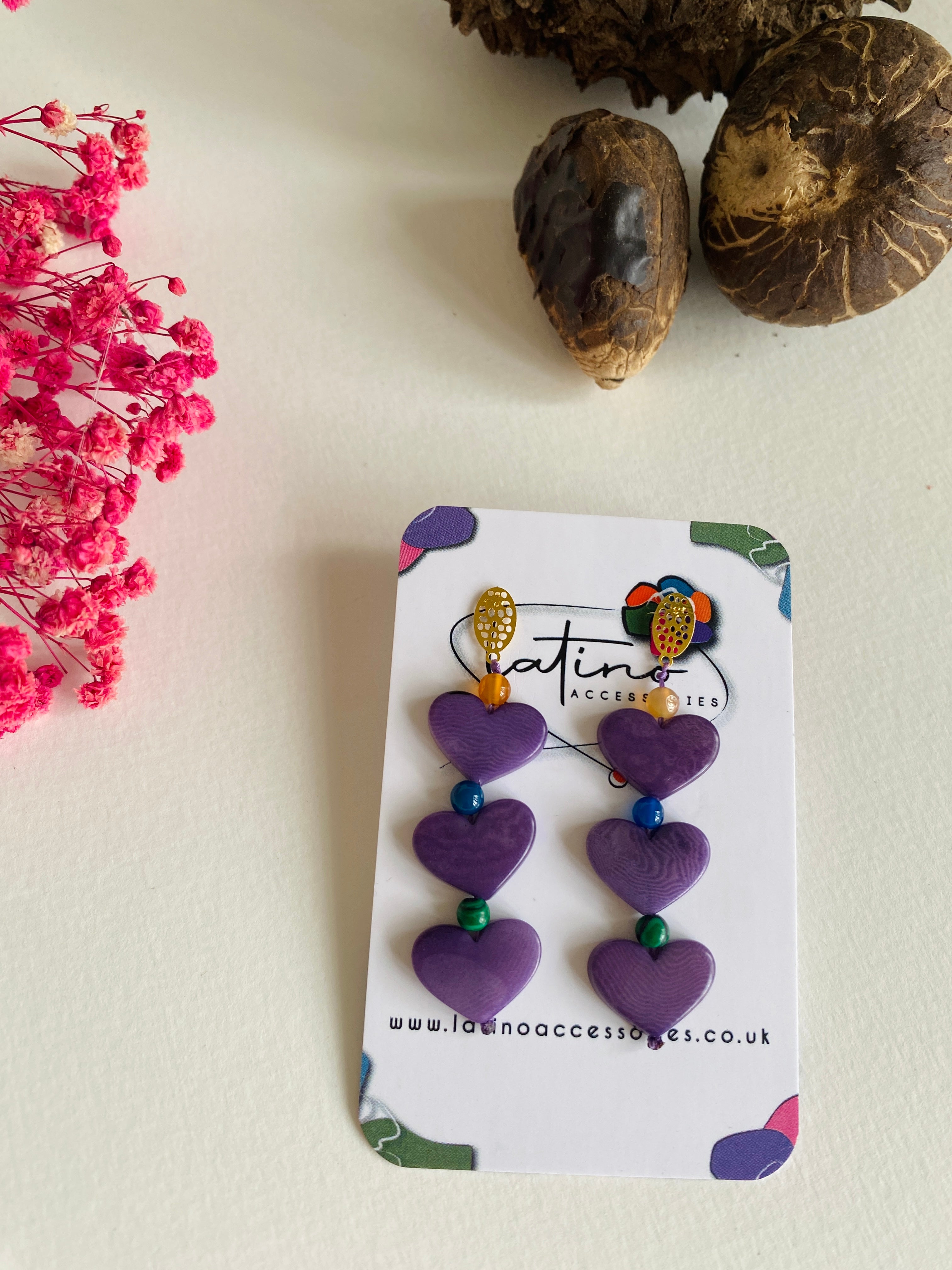 Three Hearts Tagua Earrings - Purple